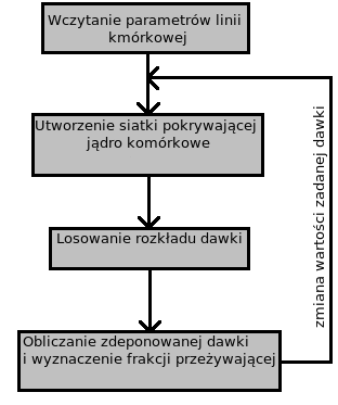 3.3. OPIS ALGORYTMU ROZDZIAŁ 3. SYMULACJA Rysunek 3.5. Schemat blokowy programu SML. Jako obszar losowania współrzędnych trafienia jonu przyjąłem okrąg o promieniu: R = r jadra + r max (3.