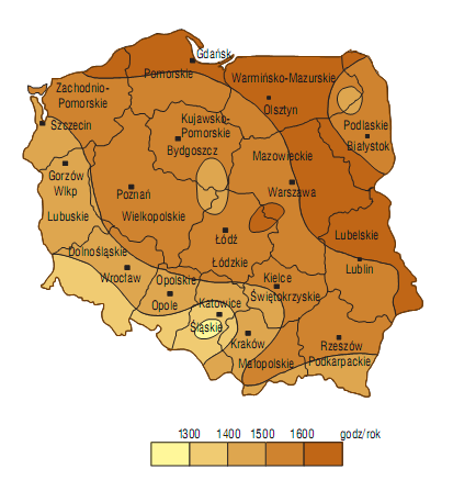 Rys.6.2.2. Rejonizacja średnich sum godzin słonecznych dla reprezentatywnych stacji aktynometrycznych Polski. Źródło: Atlas Główny Rzeczypospolitej Polskiej Średnie nasłonecznienie tzn.