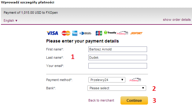 Uzupełnij swoje dane oraz adres e-mail (1), wybierz swój bank (2) i kliknij "Continue" (3).