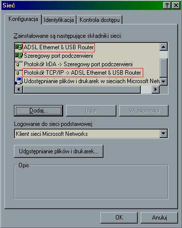 Musimy również sprawdzić, czy we właściwościach sieci pojawił się nowy interfejs i powiązany z nim protokół TCP/IP.