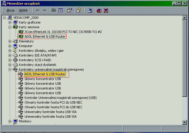 Windows 2000 poinformuje nas o zakończeniu procedury instalacyjnej. Naciskamy przycisk Zakończ. Aby sprawdzić poprawność instalacji uruchamiamy Menedżera urządzeń.