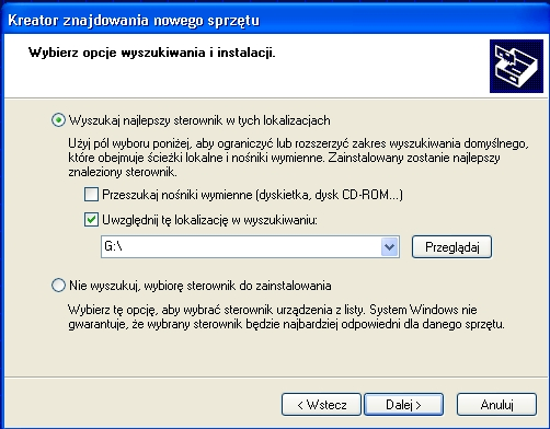 Windows XP Po uruchomieniu komputera, podłączamy router ASMAX AR 701U do portu USB. System operacyjny sam znajdzie nowe urządzenie, a następnie uruchomi Kreatora znajdowania nowego sprzętu.