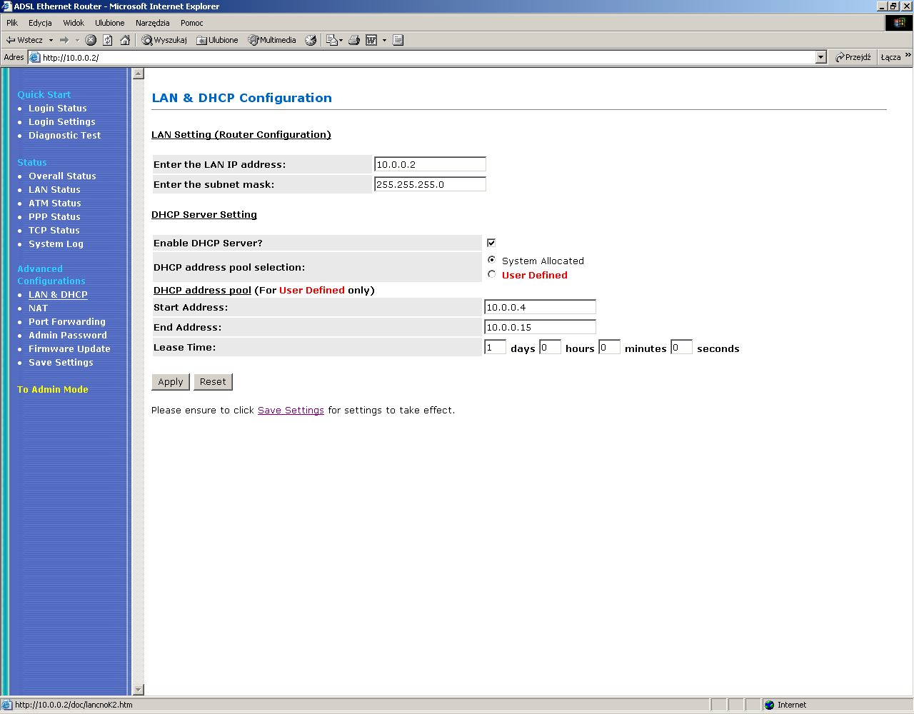 LAN & DHCP Okno, którym możesz ustalić adresację sieci LAN (adres IP routera oraz maskę podsieci).