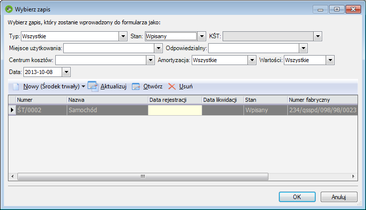 Wybierz zapis Posiadając dużą listę środków trwałych w celu szybkiego wyszukania środka można skorzystać z filtrów.