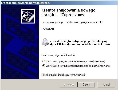 5 AMX550PC 5 7. Urządzenie zostało zainstalowane informuje o tym ekran pokazany obok. 5.9.2. Instalacja sterowników USB dla Windows 2000/XP W celu zainstalowania sterowników AMX550, należy: 1.