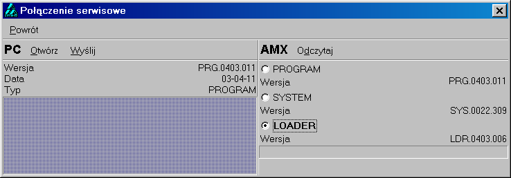 1 Wiadomości ogólne RYS. 1-28 Wygląd okna serwisowego podczas importu pliku z AMX550. W tym przypadku odczytywany jest program LOADER.