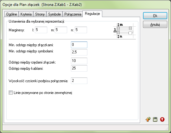 ZAKŁADKA REGULACJE Graficzny Plan Złączek Na zakładce Regulacje określasz na przykład najmniejszy dopuszczalny odstęp między złączkami i symbolami oraz wielkość czcionki dla podpisu połączenia.