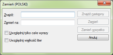 PC SCHEMATIC Tłumacz Jeżeli natomiast klikniesz na przycisk Zamień, pojawi się okno dialogowe Zamień, w którym dostępne są następujące opcje: Otwórz dołączony słownik W celu otwarcia dołączonego