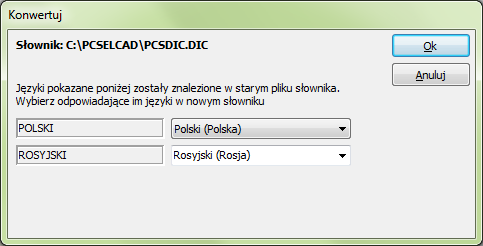 KONWERTOWANIE SŁOWNIKÓW Z POPRZEDNIEJ WERSJI PC SCHEMATIC Tłumacz Jeżeli używałeś PC SCHEMATIC Tłumacz w wersji 9 lub starszej, podczas uruchamiania program zapyta czy chcesz przekonwertować stare