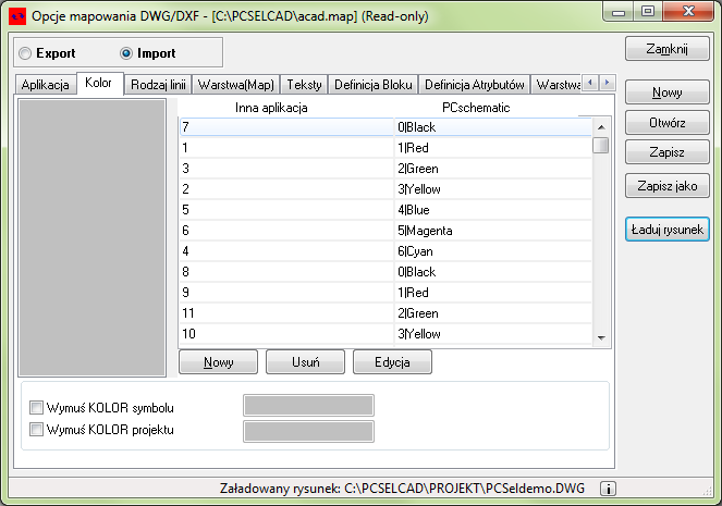 Parametry mapowania DWG/DXF ZAKŁADA KOLOR Na zakładce Kolor określasz, w jaki sposób