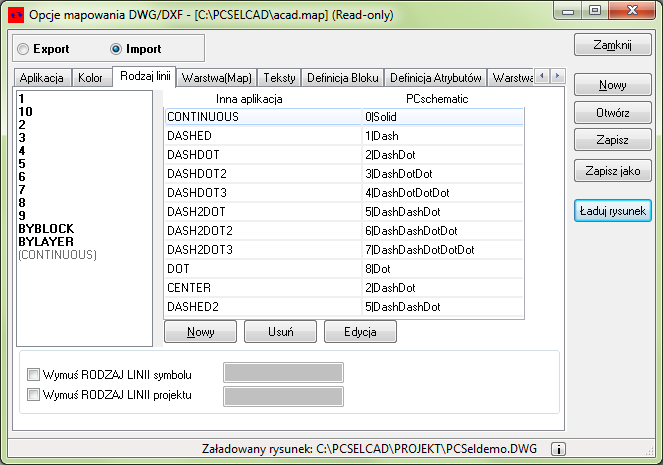 Parametry mapowania DWG/DXF ZAKŁADKA RODZAJ LINII Na zakładce Rodzaj linii określasz, w jaki sposób