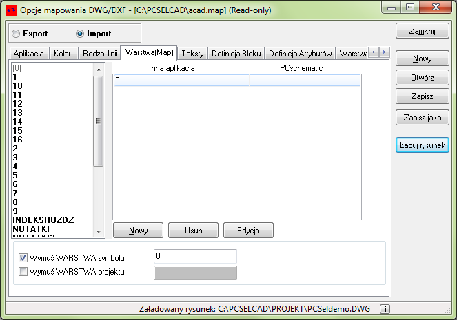 Parametry mapowania DWG/DXF Różne warstwy są