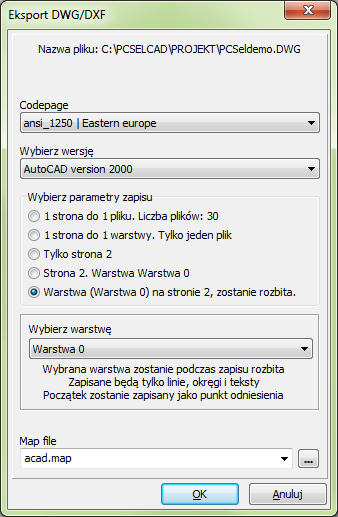 Parametry mapowania DWG/DXF 2) Pojawi się okno dialogowe Eksport DWG/DXF: Wybierz wersję pliku do eksportu Oprócz