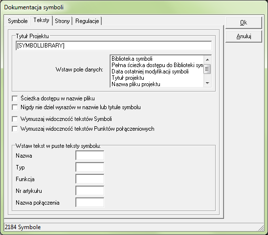 Dokumentacja symboli ZAKŁADKA TEKSTY Na zakładce Teksty określasz, które teksty chcesz zamieścić w dokumentacji graficznej.