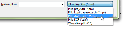 Konwersja plików AutoCAD-a 2) W oknie dialogowym Otwórz projekt: w dolnej części okna dialogowego wybierz typ pliku *.dwg lub *.dxf, kliknij na plik i kliknij na Otwórz.