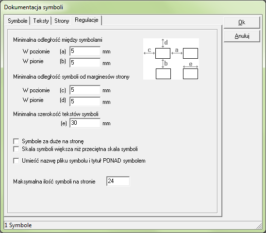 ZAKŁADKA REGULACJE Gdy chcesz określić odstępy dla symboli na stronie, kliknij na zakładkę Regulacje: