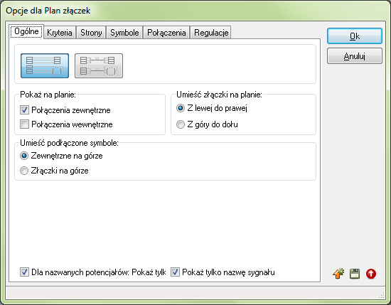 Graficzny Plan Złączek ZAKŁADKA OGÓLNE Na tej zakładce określasz na przykład, jaki rodzaj połączeń dokumentujesz oraz w jaki sposób mają być umieszczone na rysunku planu.