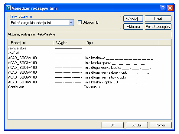 Wskazanie wybranych linii i zatwierdzenie OK powoduje umieszczenie ich w MenadŜerze rodzajów linii (rys. 60). Rys.