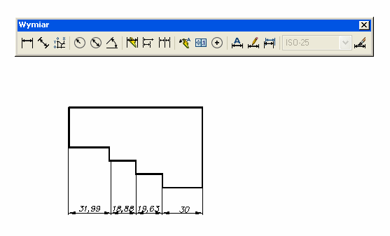 Wymiarowanie szeregowe Na rys. 86 przedstawiono ikonę wymiarowania szeregowego paska narzędziowego Wymiar oraz zwymiarowane krawędzie figury. 4.15.2. Pytania sprawdzające Rys.