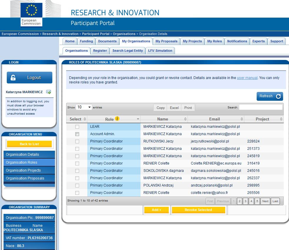 Nowe zadania LEAR a Wskazanie online osoby uprawnionej do podpisywania Form C (np. Główny Księgowy, Kwestor) 1. Zalogowanie do systemu ECAS http://ec.europa.eu/research/part icipants/portal 2.