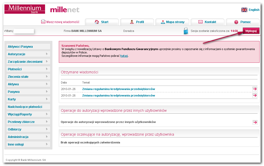 2 Zakończenie pracy w systemie bankowości inter netowej Millenet.