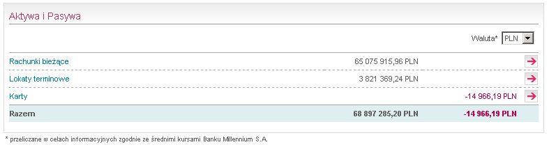 1.4 Aktywa i Pasywa Aktywa i pasywa zawierają sumę wierzytelności i zobowiązań Klienta, odpowiednio podzielonych na poszcze gólne grupy produktów.