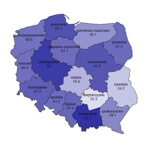 Diagnoza społeczna 2011 303 Małopolskie 43,5 13,8 8,4 Wielkopolskie 38,9 19 7,1 Pomorskie 47 14,3 2 Mazowieckie 37 15,9 10 Dolnośląskie 37,6 15,6 9,1 Śląskie 38,7 13 9,8 Podlaskie 34,1 15,1 12,1