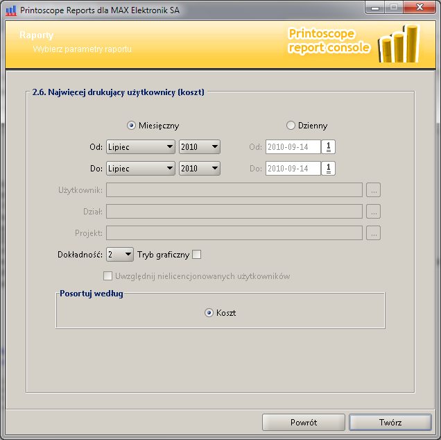 2.11.6 Raport 2.6 Najwięcej drukujący użytkownicy (koszty) Pola na raporcie: Rys. 21.