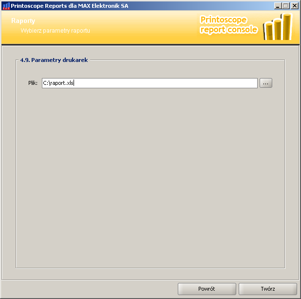 2.13.9 Raport 4.9 Parametry drukarek Rysunek 89 Dane wejściowe do raportu Parametry drukarek Raport generowany jest do dokumentu excelowego.