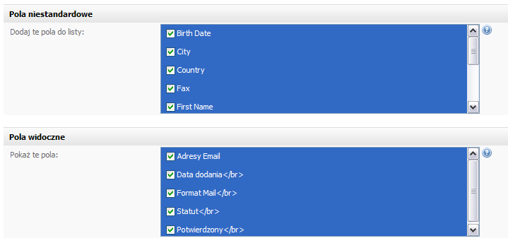 W kolejnym bloku ustawień możemy określić pola, które ma zawierać tworzona lista. Pola odpowiadają danym, które chcemy zbierać o naszych kontaktach ( np.