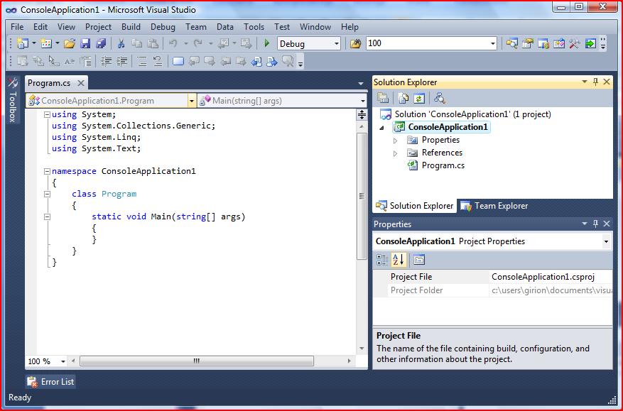 Rys. 2 Okno dialogowe New Project Po zatwierdzeniu wprowadzonych zmian Visual Studio wygeneruje dla nas nowy szablon aplikacji i otworzy okno edycji kodu (rys. 3). 5.