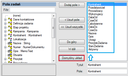 Wartość- pole wyboru określające jakie wartości mają być brane podczas dodawania dokumentów na formularzu zadania.