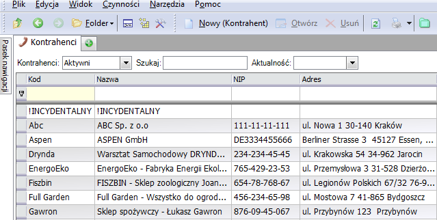 Lista kontrahentów Strona składa się z paska narzędzi, w którym można znaleźć (większość z opisanych opcji jest taka sama dla całego systemu): Plik- zawierający między innymi opcje: dodawania,