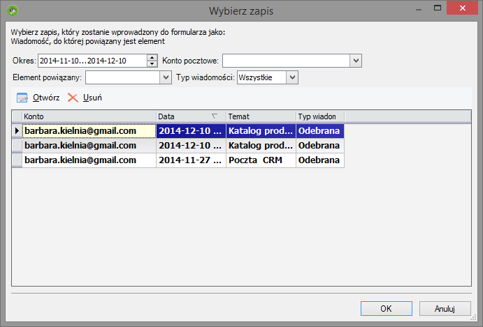 W tym miejscu widoczne są adresy mailowe kontrahenta. Zakładka rozwijalna "CRM"-> Wiadomości e-mail Na zakładce Wiadomości e-maili można powiązać wiadomość e-mail z wizytówką.