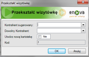 3. Zaznaczyć parametr Utwórz nową kartotekę" i kliknąć OK, co spowoduje utworzenie nowej kartoteki kontrahenta o nazwie podanej na zakładce Wizytówka wraz z osoba kontaktową.