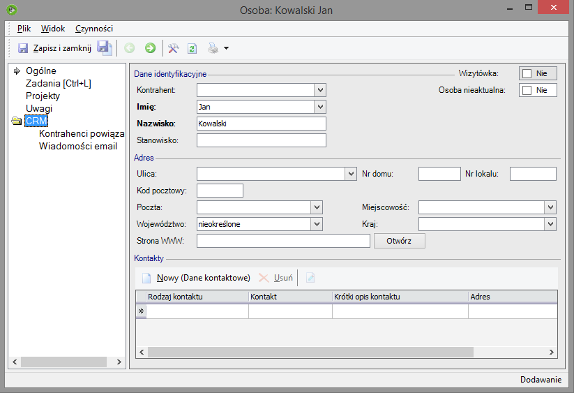 Osoby Kolejną składową modułu CRM stanowi lista osób kontaktowych kontrahenta. Służy ona do wprowadzania danych konkretnych osób reprezentujących kontrahenta np.