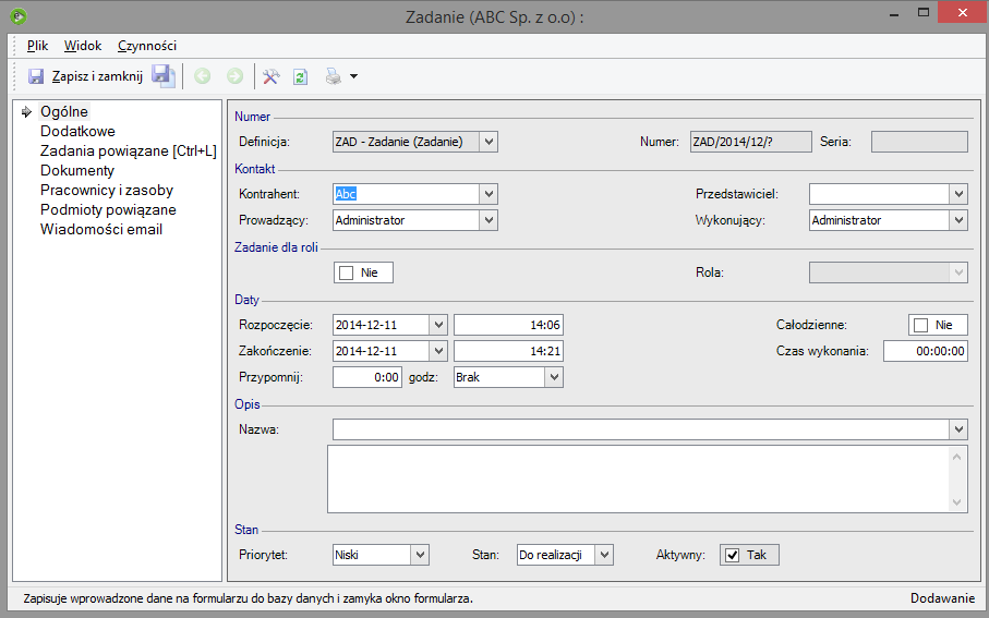 U w a g a! W zależności od konfiguracji definicji zadania (Narzędzia -> Opcje->CRM-> Definicje dokumentów-> Definicje zadań), wygląd formularza może wyglądać różnie.