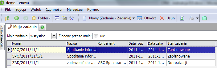 Moje Zadania Lista Moje zadania znajdują się w folderze CRM, służy do przeglądania zadań oraz zleceń serwisowych do realizacji (aktywnych) dla aktualnie zalogowanego operatora.