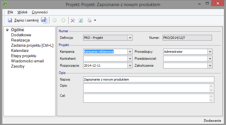 W sekcji Numer, widnieją informacje o: Tworzenie projektu, zakładka Ogólne zastosowanej definicji projektu (w załączonym obrazku jest to PRO); numerze projektu; U w a g a! Znak?