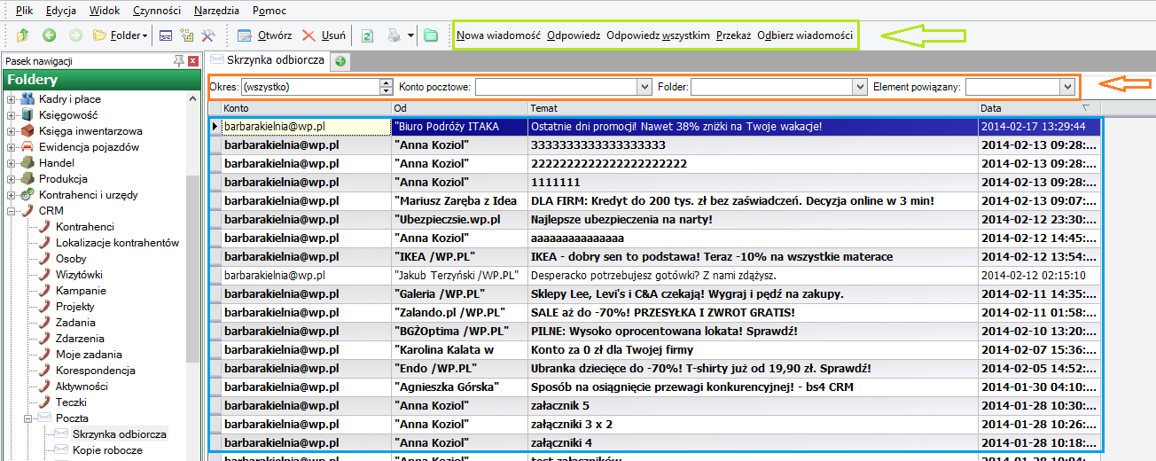 Składa się on z 3 list: Listy składowe nowej funkcjonalności Skrzynka odbiorcza zawiera wiadomości przychodzące pobrane ze wszystkich kont pocztowych do który ma dostęp dany operator (ma do nich