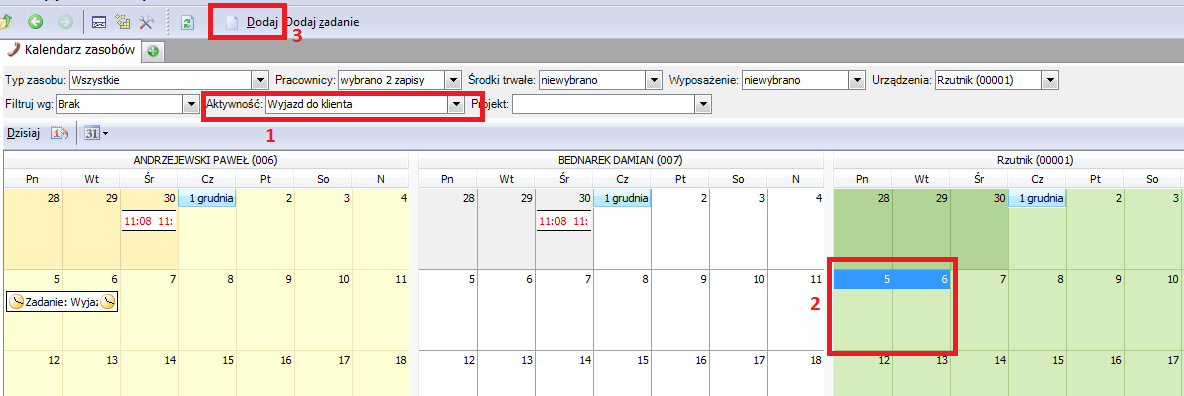 nowego zadania/zdarzenia na kalendarzu. Do wybrana aktywności zostaną przypisane kolejne zasoby Projekt- pozwala na filtrowanie danych po wybranym projekcie.