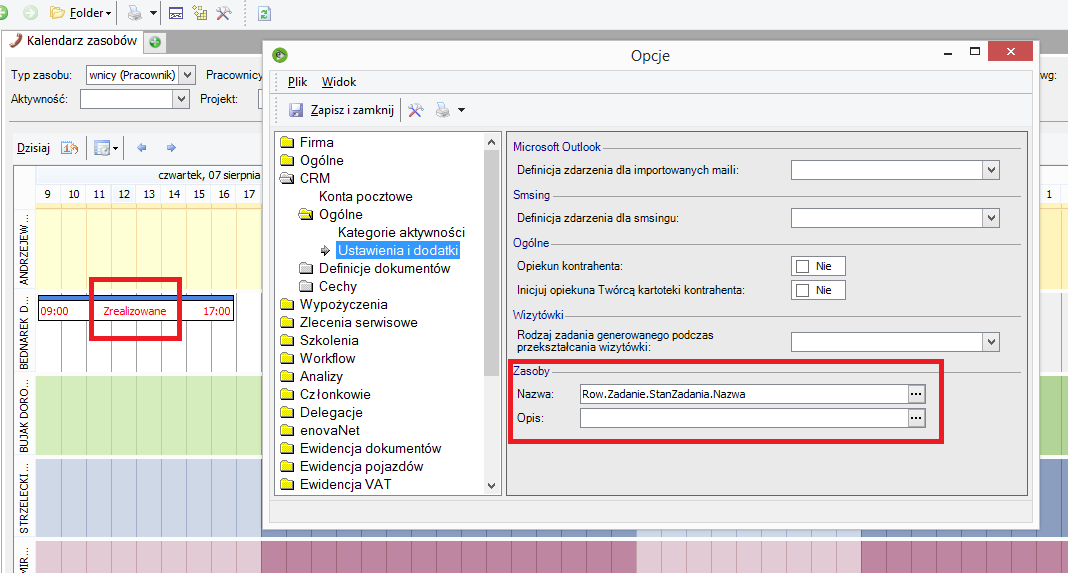 Różne kolory nazw aktywności informują o: Tworzenie nowego zadania z powiązanym zasobem Czerwony tekst - zasoby których okres rezerwacji jest ściśle powiązany z okresem zadania CRM.