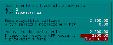 KSP wersja 11.03.009 (standard) Str.65 Po lewej stronie ekranu wprowadzamy kwotę przyjętej zaliczki w podziale na: sprzedaŝ towarów i usług oraz pozostałe przychody.