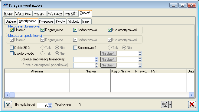 Rys. 10.6 Księga inwentarzowa, zakładka: Znajdź/Amortyzacja.