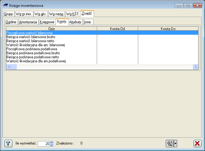 Zakładka: Atrybuty Rys. 10.7 Księga inwentarzowa, zakładka: Znajdź/Kwoty. Zakładka umożliwia filtrowanie według, przypisanych wcześniej do środków trwałych, atrybutów.