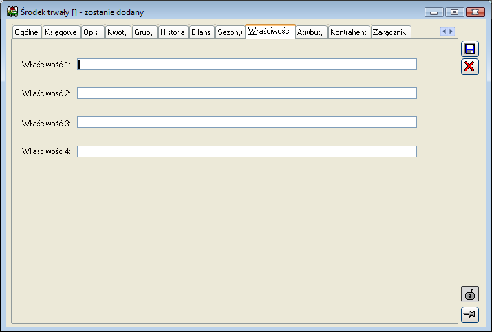 Rys. 10.16 Środek trwały, zakładka: Sezony. 10.5.9 Środek trwały, zakładka: Właściwości Zakładka zawiera cztery dodatkowe pola tekstowe: Atrybut 1, Atrybut 2, Atrybut 3, Atrybut 4.