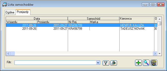 10.8.2 Samochody, zakładka: Przejazdy Zakładka: Przejazdy na liście samochodów służy ewidencji przejazdów wprowadzonych do systemu samochodów.