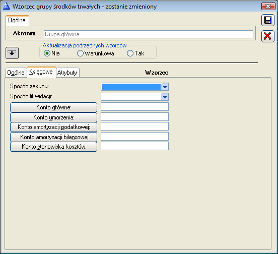 Rys. 10.39 Rozwinięcie okna: Wzorzec grupy, zakładka Księgowe. 10.10.1.3 Wzorzec grupy, zakładka: Atrybuty Na zakładce można dodać wartości, które będą charakteryzować daną grupę środków trwałych, a które zostały zdefiniowane w module: Administrator.