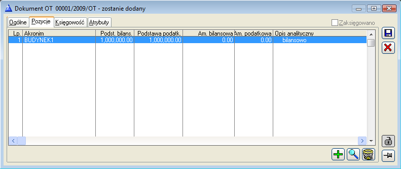 Rys. 10.42 Dokument OT, zakładka Ogólne. W oknie: Dokument, data i numer dokumentu są proponowane przez system automatycznie.