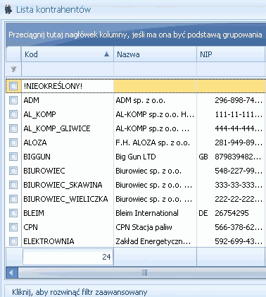 Podręcznik Użytkownika systemu Comarch OPT!MA Str. 19 Grupowanie można wykonywać po wielu kolumnach. Rys. 15 Grupowanie po kodzie dostawcy oraz jednostce miary na liście pozycji cennikowych. 2.